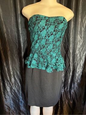 Rhapsody Strapless Teal Lace Peplum Dress with Black Skirt